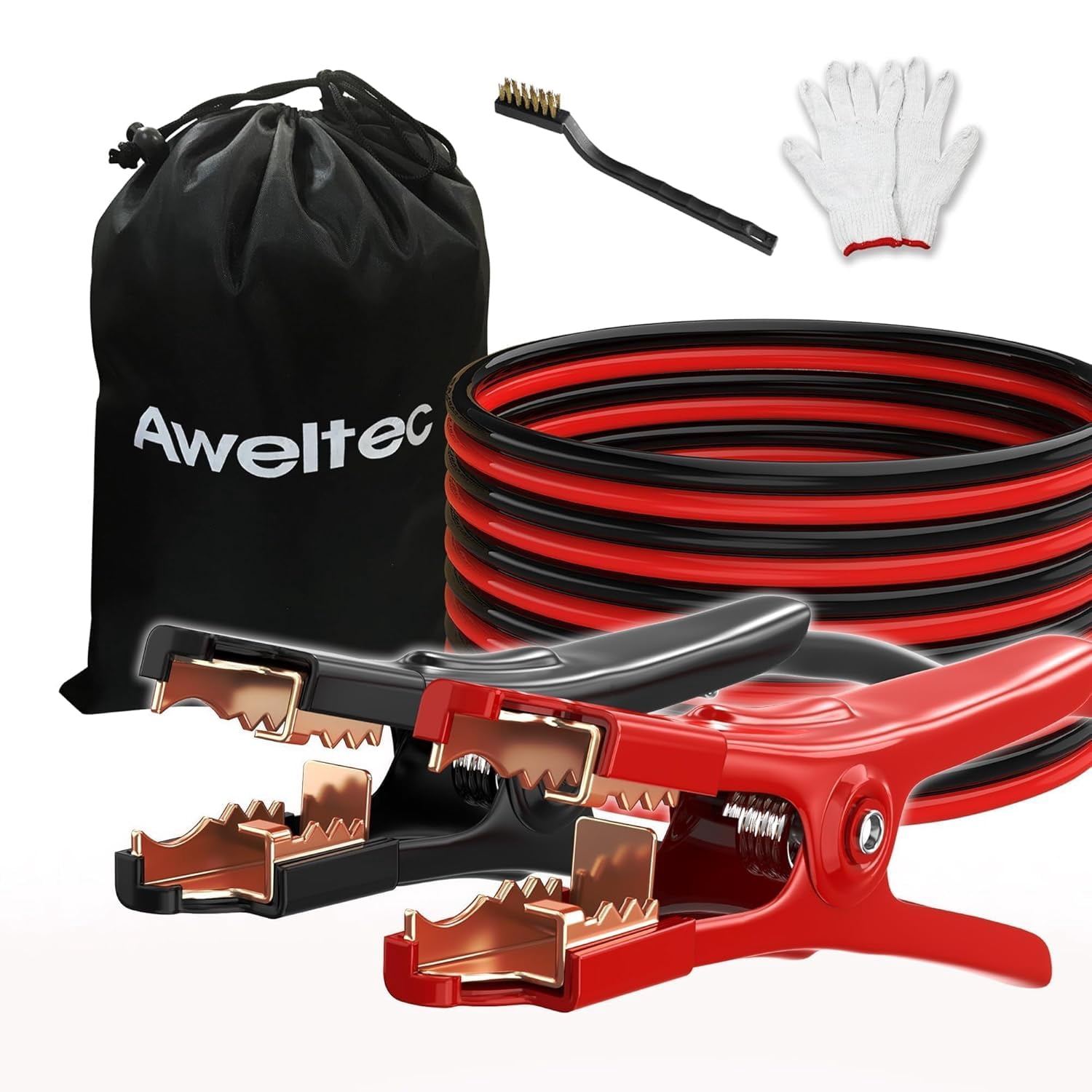 6 Gauge 16 ft Jumper Cables, Heavy Duty Battery Booster Cable Set with Alligator Clamps, Carry Bag, Safety Gloves and Wire Brush for Cars, Trucks and SUVs