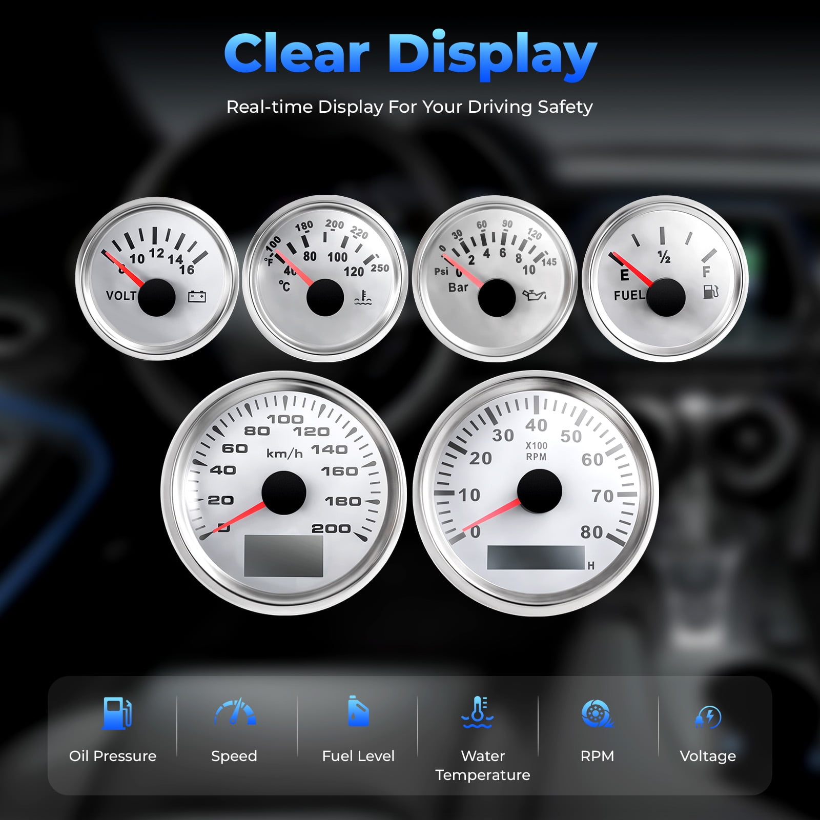 6 Gauge Set GPS Speedometer Waterproof Fit Car Marine Boat Truck Yacht ...