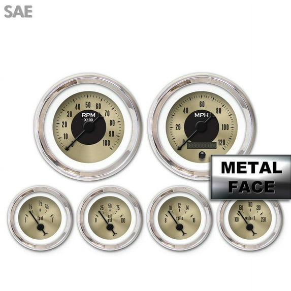 6 Gauge Set-SAE American Classic Gold I Black Classic Needles Chrome Trim Rings Style Kit Installed