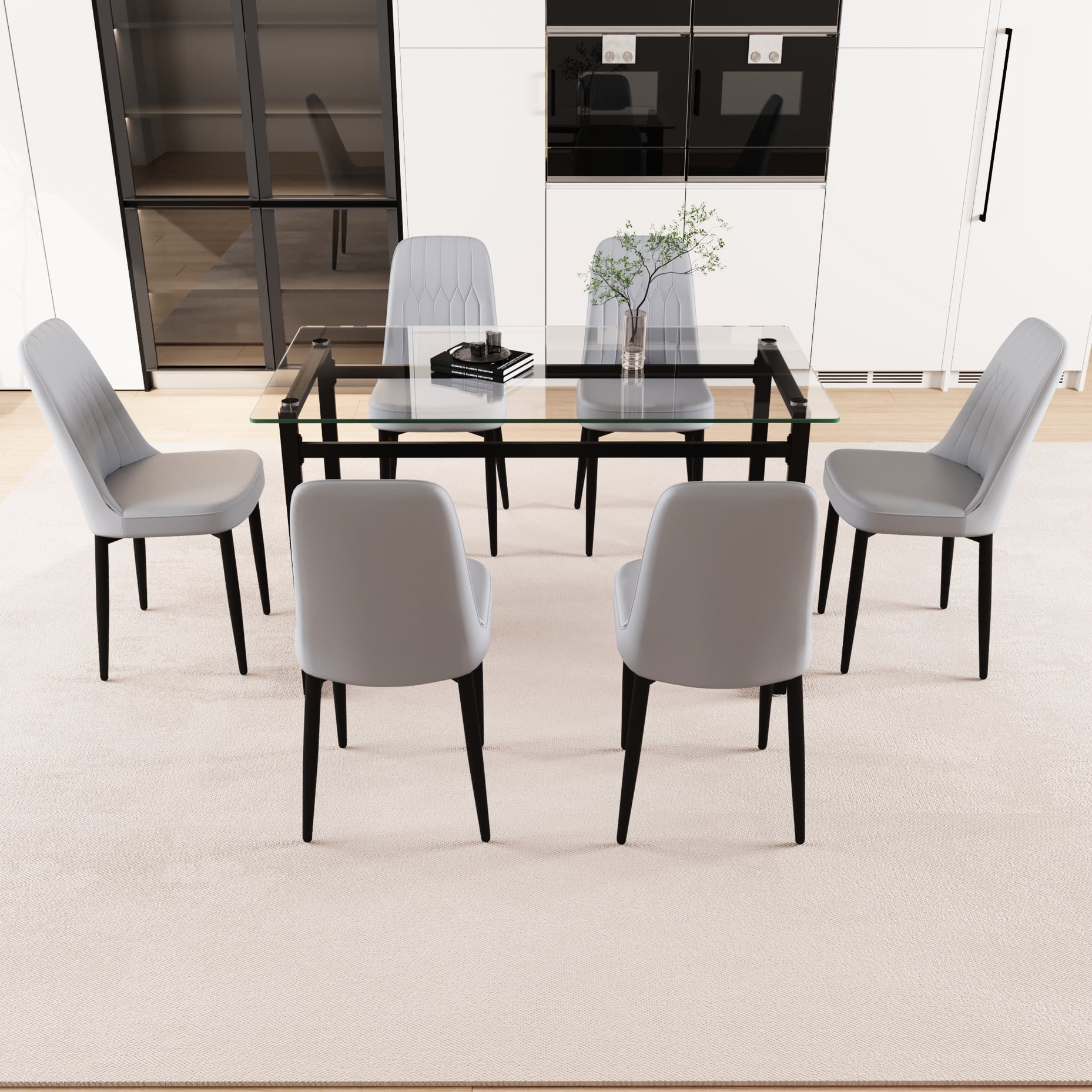 6 Glass Dining Table With 51" Tabletop And Black Metal Legs - Elegant