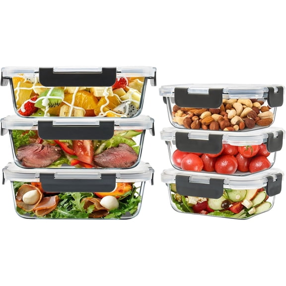 NeoMart-6 Pack Glass Food Storage Containers with Airtight Lids, Meal Prep Containers for Lunch, Leftovers, BPA Free (Grey)