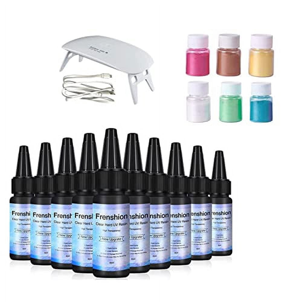 6 Glitter Mica Pearl Powder Resin Pigment +10 Pieces 30ML Upgrade Crystal Resin UV Curable Clear Glue+ Mini Portable Lamp for Resin, Candle Making, Slime, Soap Making,Craft Projects