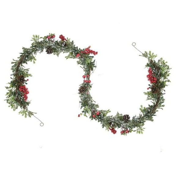 6' Glittered Artificial Boxwood Pine Cone and Red Berry Christmas Garland- Unlit