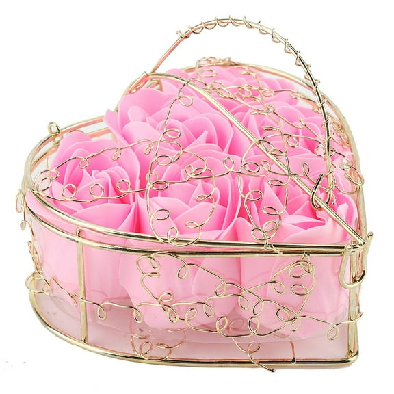 6 Gold Plating Rose Flower Soap Flower Valentine's Day Romantic Iron Basket Gift Box Pink