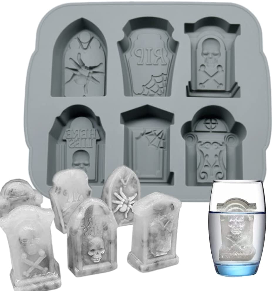 6 Grid 3D Tombstone Silicone Mold Halloween Skull Spider Gravestone RIP ...