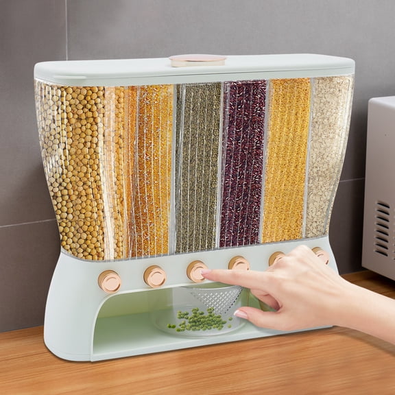 6 Grid Cereal Dispenser Rice Grain Dry Food Container Kitchen Storage Case ABS Light Green16.54*6.5*14.17