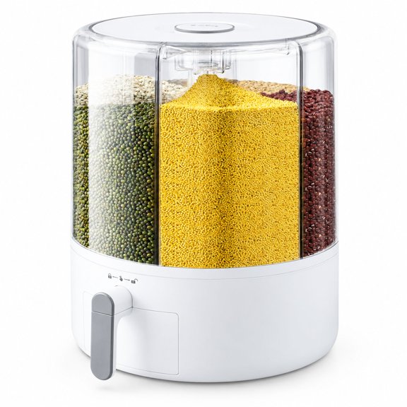 6-Grid Grain and Rice Storage Container with 360 Rotating Base and Quantitative Dispensing, Food-Grade Dry Food Dispenser