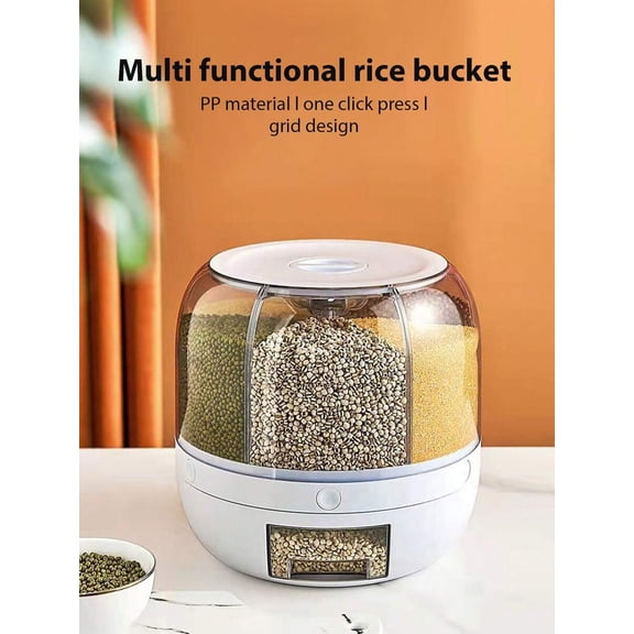 6-Grid Rotating Airtight Grain Dispenser, Pest & Moisture Proof Bin, One-Click Pantry Organizer for Rice, Grains & Pet Food