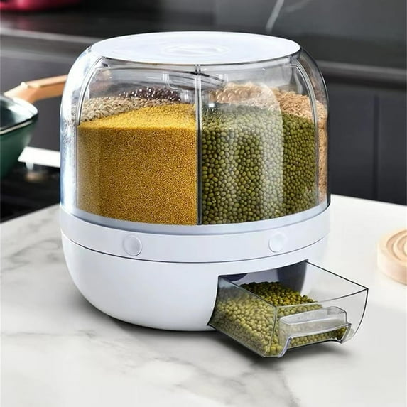 6-Grid Rotating Cereal Dispenser with Countertop Design - Multi-Compartment Food Storage Container for Grains, Rice and Candy in Assorted Colors - Light Gray