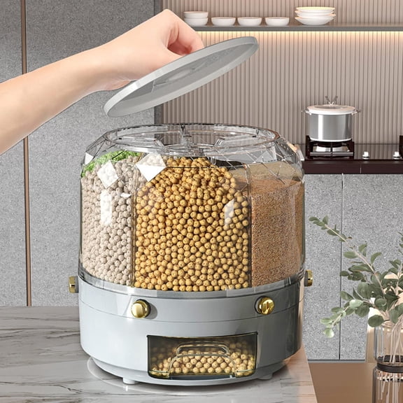 6-Grid Rotating Grain Dispenser Box with Individual Buttons for Rice Beans and Cereals - Food Storage Container