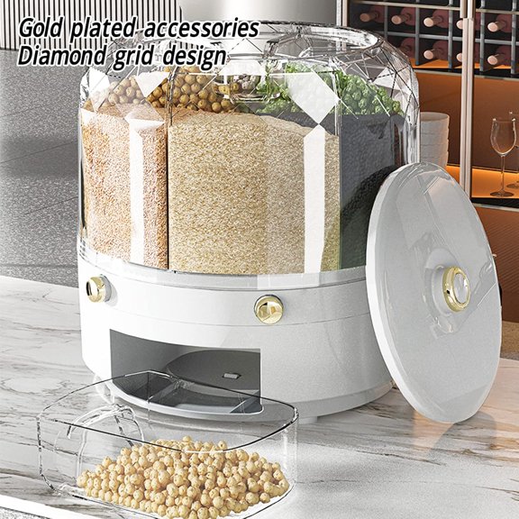 6-Grid Rotating Grain Dispenser with Individual Buttons for Rice Beans Nuts Coffee White Food Storage Container 6kg Capacity Kitchen Pantry Organization