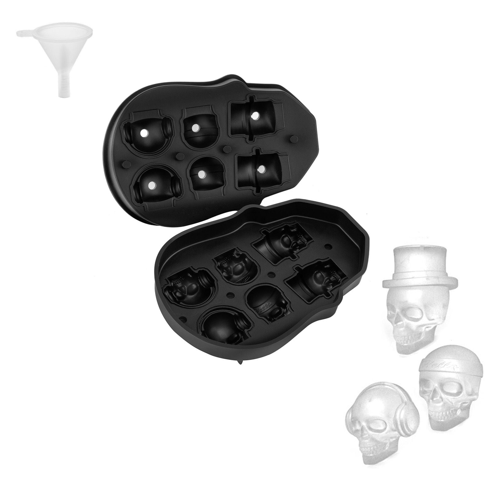 6-Grid Skull Shaped Ice Cube Tray with Lid & Funnel, Food-Grade Silicone 3D Skull Mold, Sealed Leak-Proof for Whiskey Cocktails Halloween Party Bar