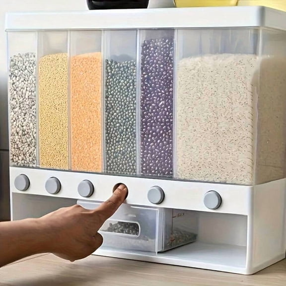 6-Grid Wall Mounted Dry Food Dispenser, Press Type Airtight Grain Storage Container, Transparent Divided Rice Cereal Organizer for Kitchen Countertop or Wall