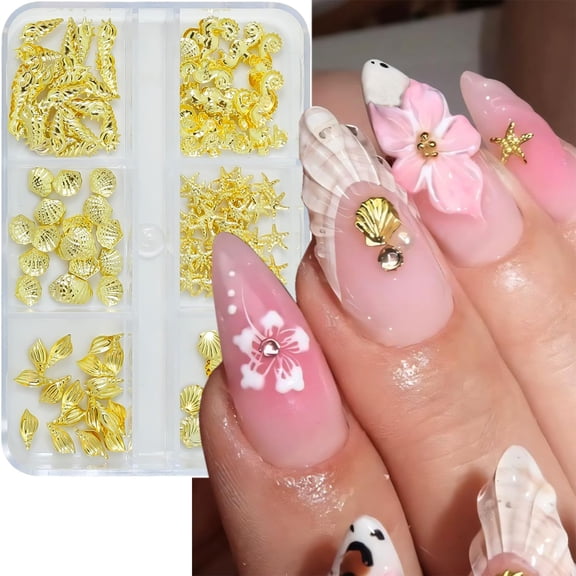 6 Grids Beach Nail Charms Gold Conch Shell Nail Rhinestones 3D Conch Seahorse Starfish Nail Gems and Charms Multi Shape Ocean Style Nail Jewels Ocean Theme Nail Decoration for Women Nail Art Designs