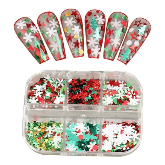 6 Grids Snowflake Nail Glitter Christmas Nail Art Sequins Xmas Snowflakes Holographic Nail Art Glitter Flakes Confetti Glitter Nail Designs for DIY Acrylic Nail Decoration