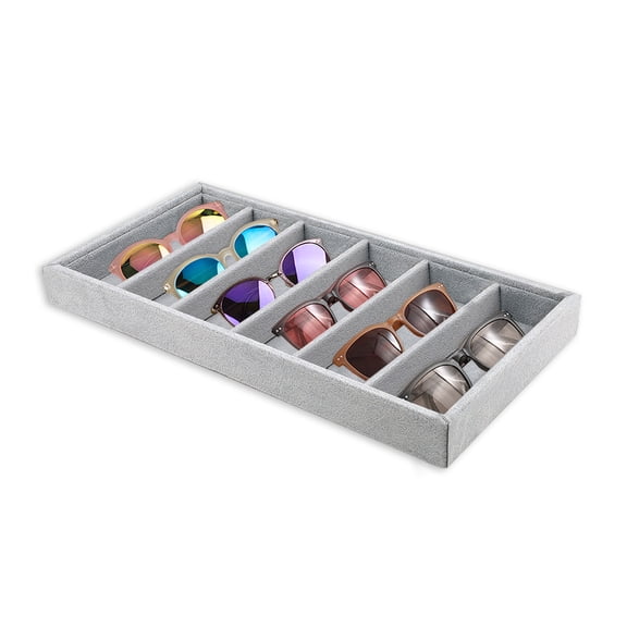 6 Grids Sunglasses Organizer Tray, Gray Velvet Glasses Storage Organizer Tray, Stackable Home Jewelry Eyeglass Display Tray for Watch Rings Necklaces Bracelet Holder Men Women