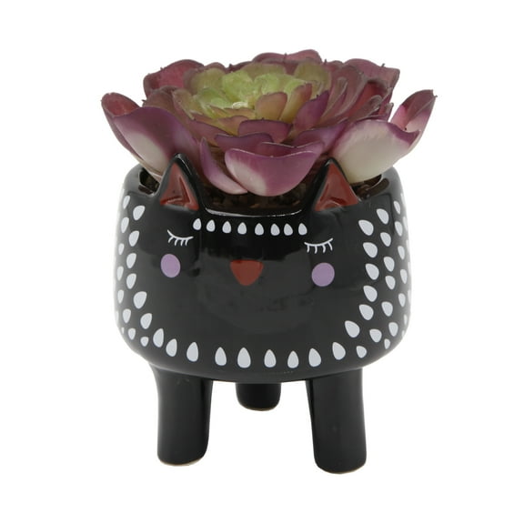 6" H Artificial Succulent in 4.75" Black Cat Ceramic Planter