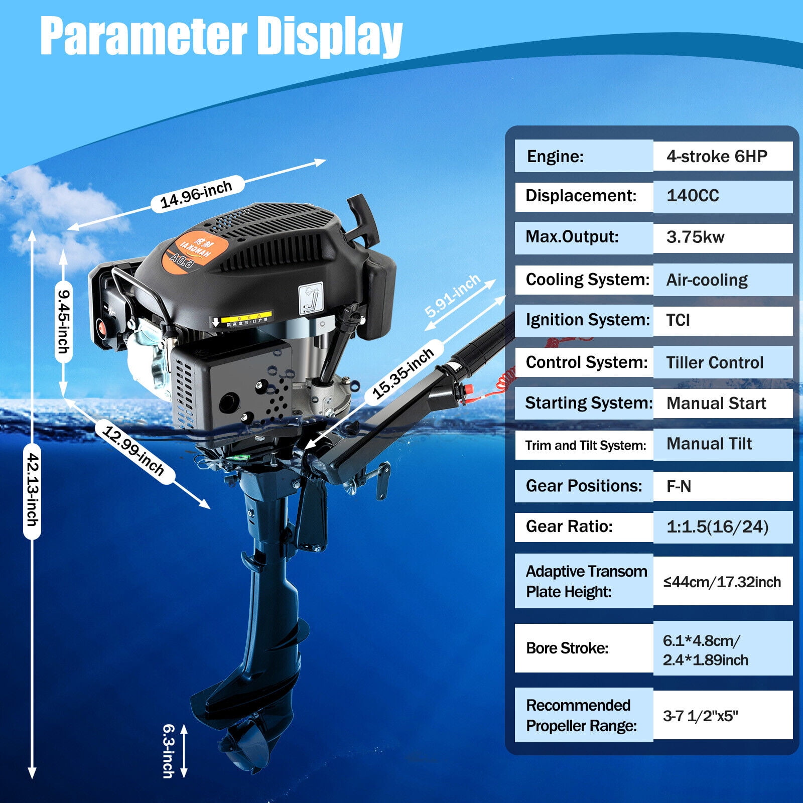 6 HP 4 Stroke Gas Outboard Motor Fishing Boat Trolling Engine Air Cooling