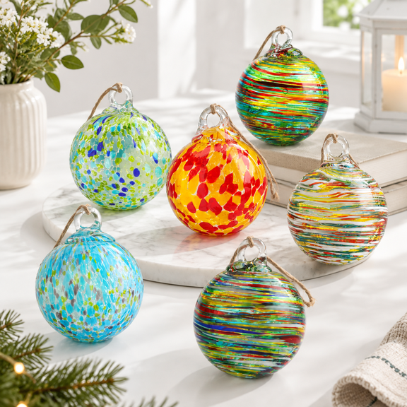6 Hand Blown Glass Hanging Ornaments Color-1 Gazing Ball Witch Decor