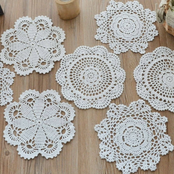 6 Hand Crochet Lace Doilies For Tables Dressers White Round Wedding Bar Coasters