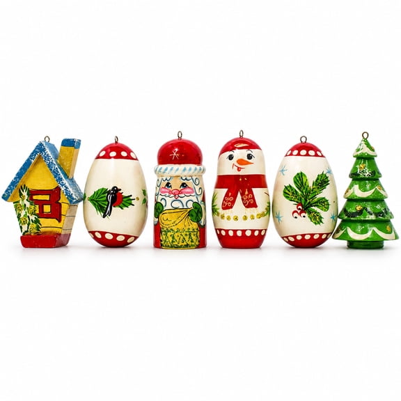 6 Hand Painted Wooden Christmas Ornaments 2.25 Inches