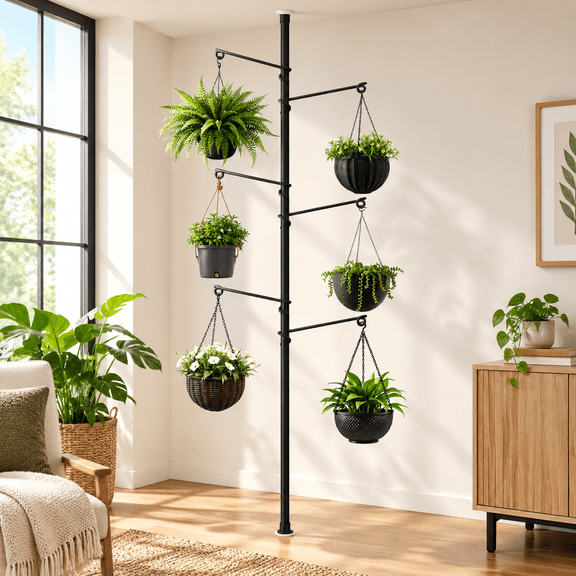 6-Hangers Adjustable Metal Floor to Ceiling Tension Rod Plant Stand