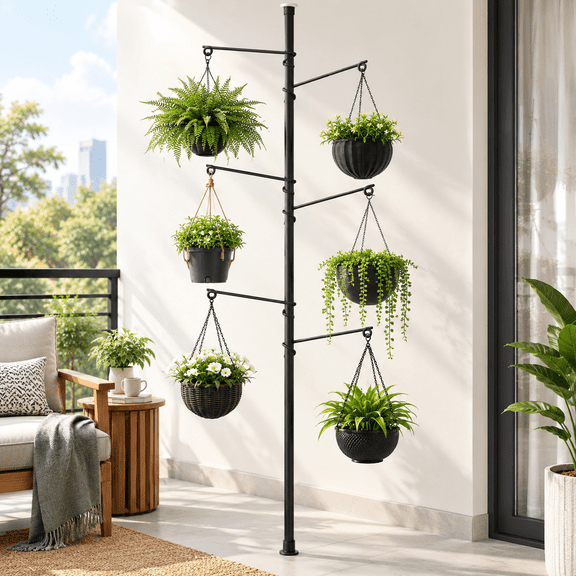 6-Hangers Adjustable Metal Floor to Ceiling Tension Rod Plant Stand