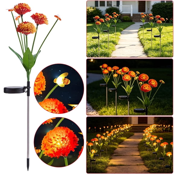 6-Head Bee & Solar Ground Stake Light, Auto Solar Power Supply, Fully Waterproof Structure, Warm Ambient Led for Lawn Pathway Courtyard & Garden Night Scenery Layout
