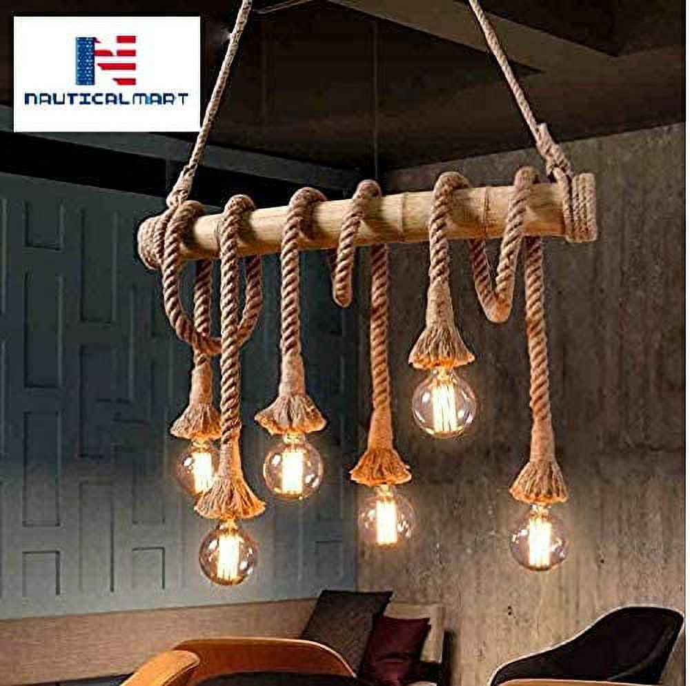 6 Heads Hemp Rope Pendant Light,Vintage Bamboo Chandeliers,Unique