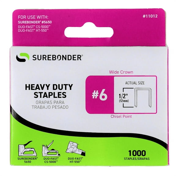 Surebonder #6 Heavy Duty Wide Crown Staples for Surebonder, Duofast, and Craftsman Staplers - 1/2" Leg Length- Carpet, Insulation, Roofing Paper - 1000 Staples