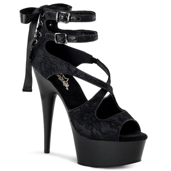 6" Heel, 1 3/4" PF Criss Cross Double Ankle Strap Sandal - Blk Satin-Lace/Blk Matte, 12