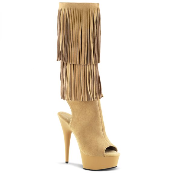 *6" Heel, 1 3/4" PF Open Toe/Back Fringed Knee Boot - Tab Suede/Tan Matte, 8