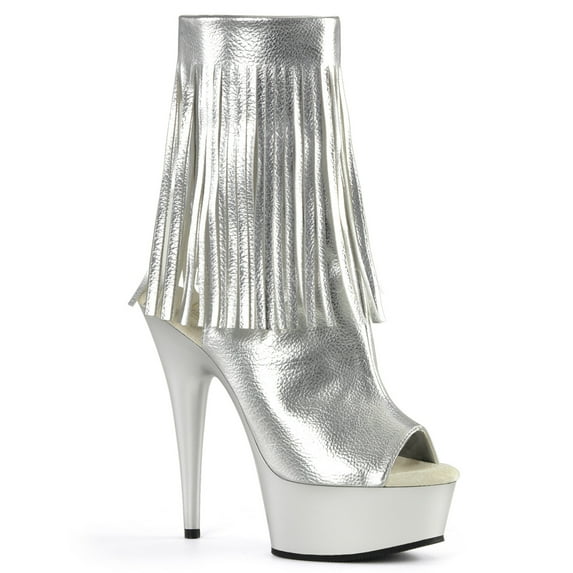 *6" Heel, 1 3/4" PF Open Toe/Heel Fringe Bootie, Side Zip - Slv Metallic Pu/Slv Matte, 5