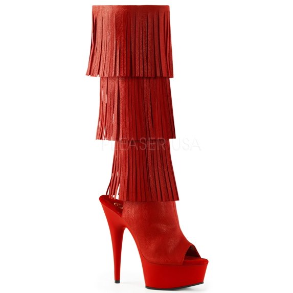 *6" Heel, 1 3/4" PF Open Toe/Heel Fringe Knee Boot, Side Zip - Red Faux Leather/Red Matte, 11