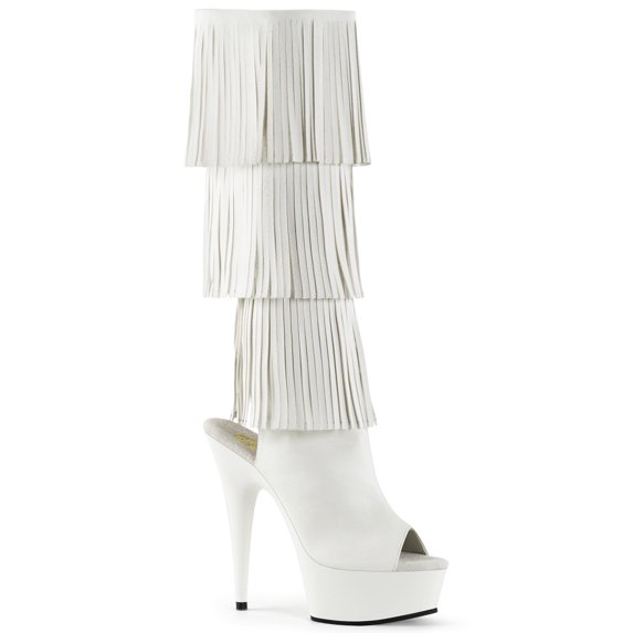 *6" Heel, 1 3/4" PF Open Toe/Heel Fringe Knee Boot, Side Zip - Wht Faux Leather/Wht, 8