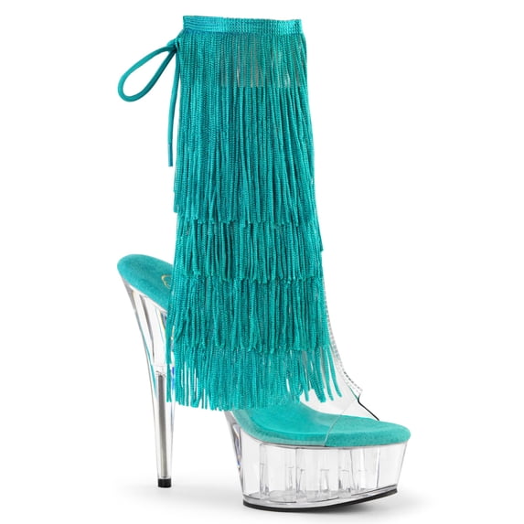*6" Heel,1 3/4" PF Open Toe/Heel Threaded Fringe Ankle Boot - Clr-Turquoise/Clr, 7