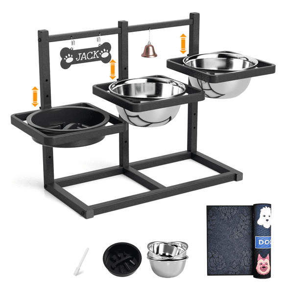 6 Height Adjustable Dog Bowl Stand with Three 1.7L Stainless Steel Bowl, 1 Slow Feeder and Nonslip Pad, Perfect for Large Dogs and Multi-Pet Households