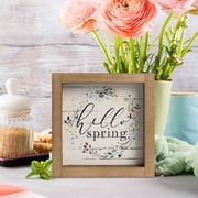 6 Hello Spring Sign, Wooden Spring Table Top Shelf Desk Mantel Wall Art Home Decorations Indoor, Wood March Seasonal Bathroom Kitchen Room Office Rustic Farmhouse House TableTop Decor