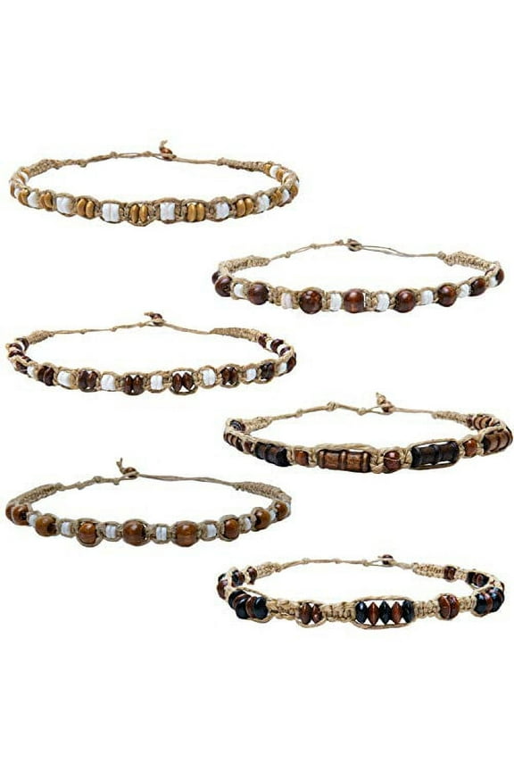 6 Hemp Necklaces for Men and Women Braided with Natural Hemp Cord, White Puka Chips and Wood Beads - Unisex Beaded Hemp Necklace