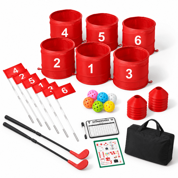 6 Hole Golf Bucket Yard Game Set with 2 Adjustable Telescopic Clubs