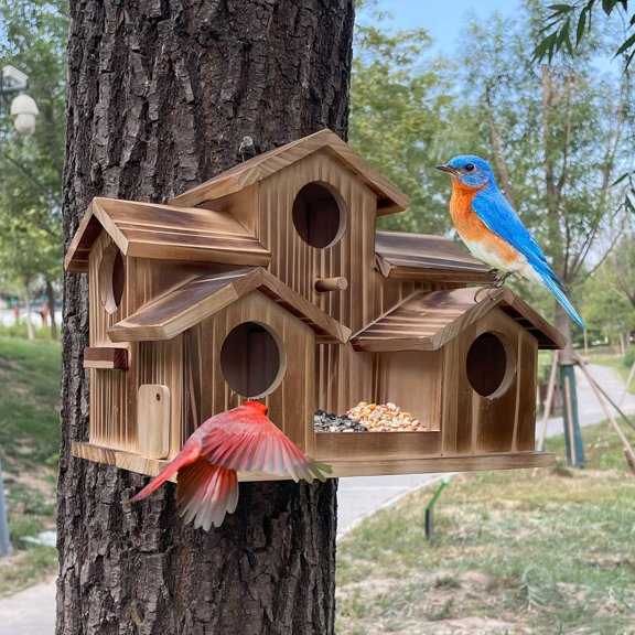 6-Hole Hanging Wooden Bird House And Feeder, Outdoor Nesting Box And Shelter For Bluebirds, Finches, And Cardinals In Backyard Gardens