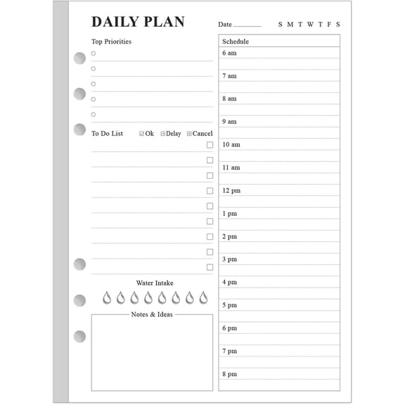 6-Hole Punched  Insert - Undated Daily Planner Refill for A5 Binder,100 Sheets/200 Pages Planner and Lined Refill, 100 gsm White Paper, 5.8'' x 8.3''
