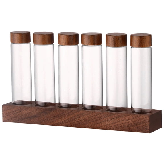 6-Hole Walnut Base with Glass Tubes, Single Dose Coffee Bean Storage Containers, Espresso Bean Cellars, Coffee Bean Storage Stand Holds 0.6-0.7 oz, Professional Display