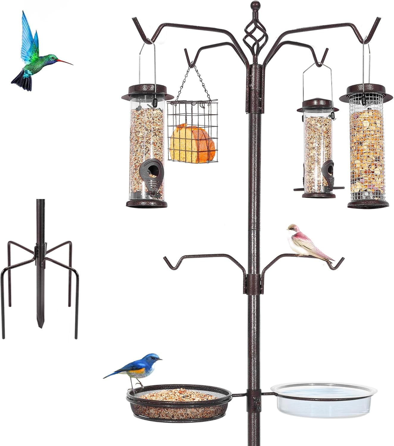 6-Hook Bird Feeding Station Kit, 94 Inch Heavy Duty Bird Feeder Stand Pole for Outdoors Hanging with 4 Feeders, Wide Metal Squirrel Baffle, Attracting Wild Birds