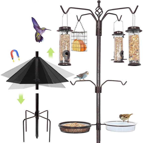 6-Hook Bird Feeding Station Kit, 94 Inch Heavy Duty Bird Feeder Stand Pole for Outdoors  with 4 Feeders, Wide Metal  Baffle, Attracting  Birds