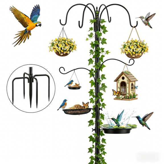 6-Hook Bird Feeding Station Kit Wild Bird Feeder Stand Pole, Multi-Feeder Hanging Kit Stand with Water Bowl, Mesh Tray, 88 Inch