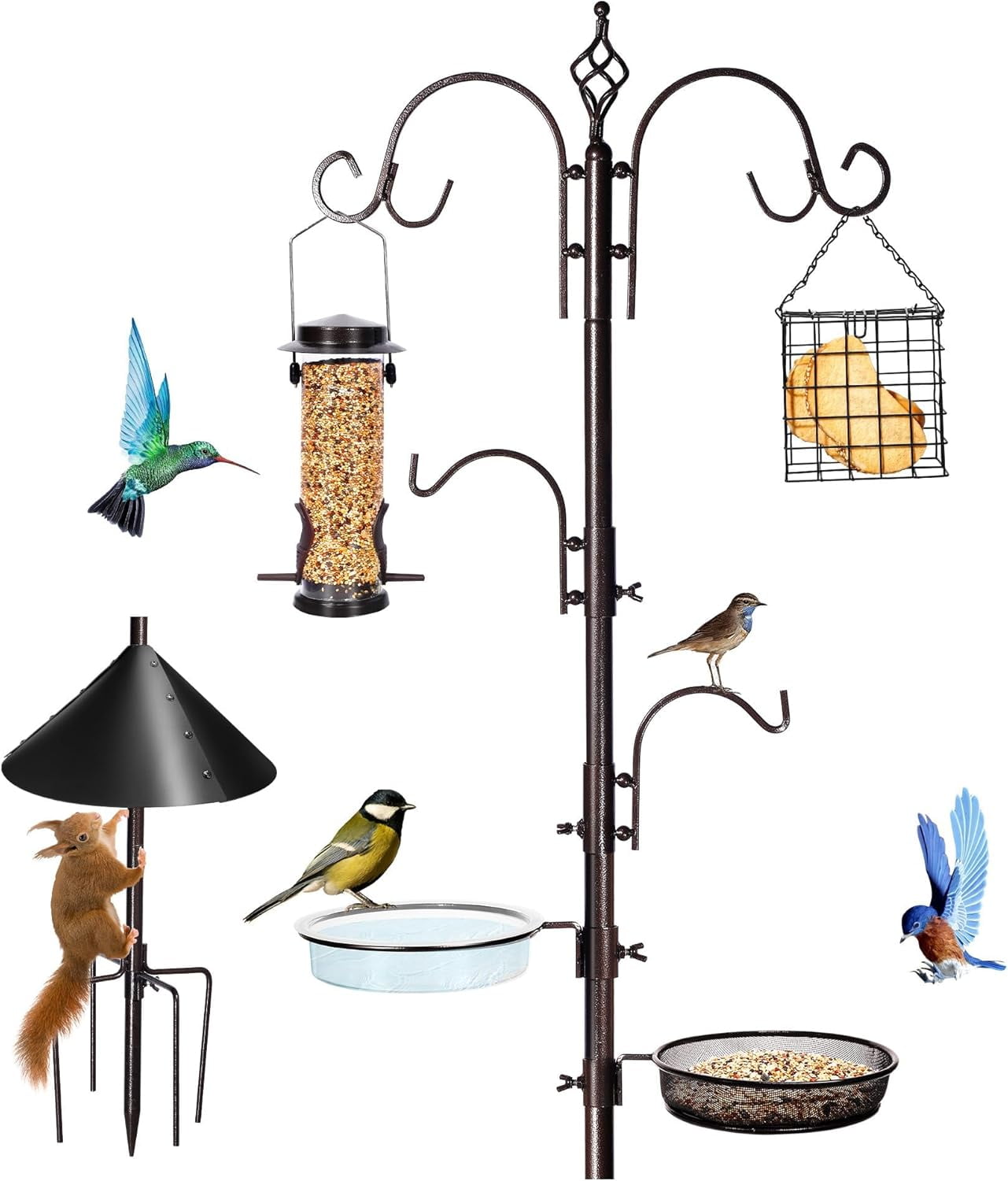 6-Hook Bird Feeding Station Kit Wild Bird Feeder Stand Pole, Multi-Feeder Hanging Kit Stand with Water Bowl