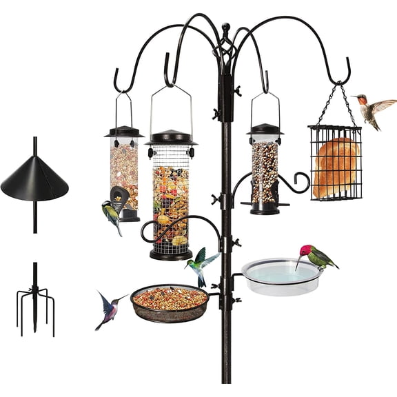 6-Hook Bird Feeding Station, Steel Multi-Feeder Kit Stand for Attracting Wild Birds w/ 4 Bird Feeders, Bird Bath, Mesh Tray and Squirrel Guard Baffle94 Inch