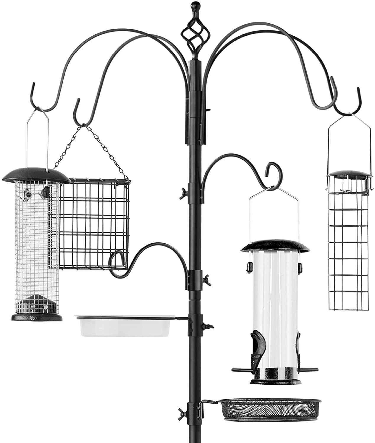 Black 6-Hook Metal and Plastic Bird Feeding Station with Suet Cage