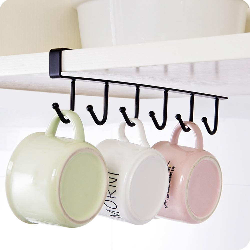 6 Hook Mug Rack Holder, Coffee Cup Black Storage Hooks Drilling, Holder ...